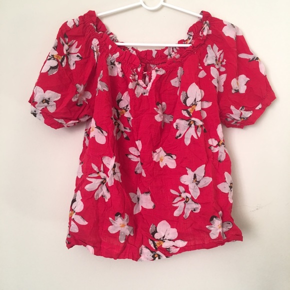 Red White Boho Floral Print Top w Puffy Sleeves - Picture 2 of 3